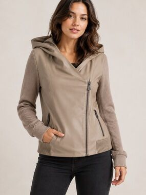 Bernardo Taupe Vegan Leather Hoodie with Ribbed Knit Accents